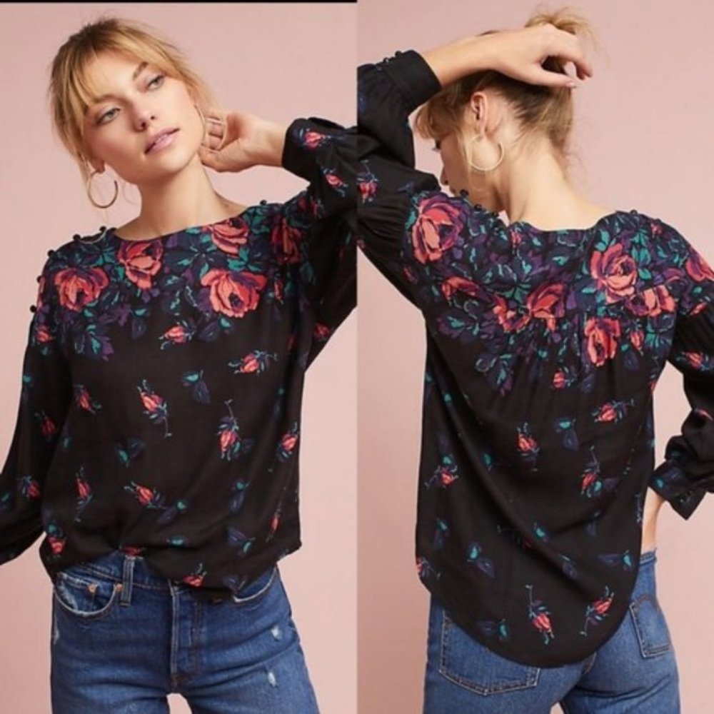 ANTHROPOLOGIE | Maeve Floral Rose Gardenia Boat Neck Top Blouse with Buttons